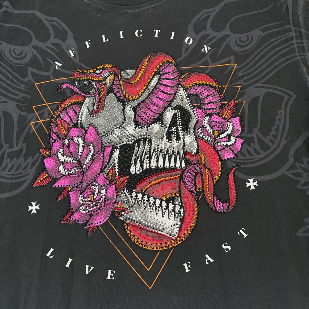 Affliction Toxic Earth T-Shirt Skull Rhinestone Men’s Large - Picture 2 of 5